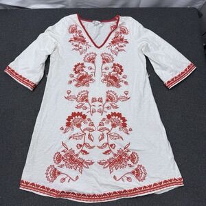 Boden Women Embroidered Tunic Dress Floral Red White Cotton Boho 10R
